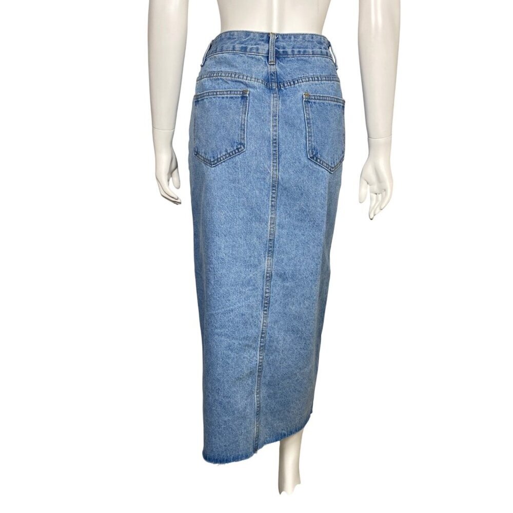 Denim Midi Skirt Womens Size S Asymmetrical Zipper Front Slit Light Wash - Picture 3 of 6
